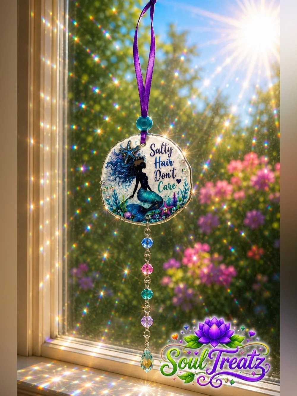 Blue & Green Decoupage Mermaid Crystal Sand Dollar Suncatcher